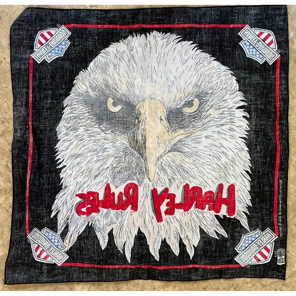 Vintage Harley Davidson Bandana Harley Rules Eagle Black Cotton Blend USA Made